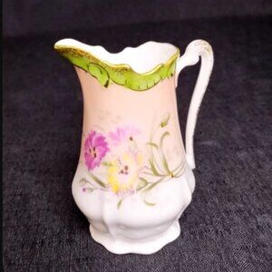 Vintage Porcelain Hand Embellished Floral Creamer With Green Gold Scalloped Rim